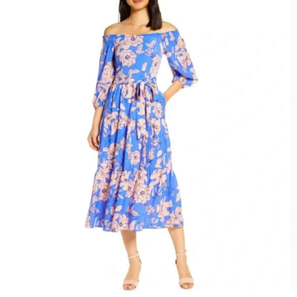 Eliza J Off the Shoulder Floral Midi Dress In Blue Size 8 NEW WITH TAGS